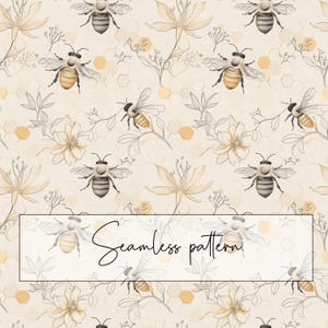 May include: A seamless pattern featuring bees and flowers in a light brown and beige color scheme. The bees are drawn in a realistic style with brown and black stripes, while the flowers are stylized with thin lines. The background is a light beige with a subtle honeycomb pattern.