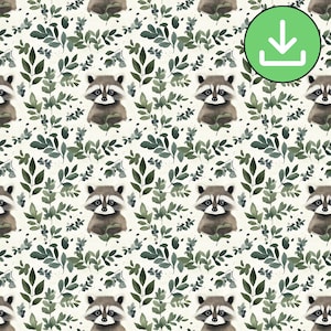 Raccoon and Greenery Seamless Pattern, Woodland Animal Repeat Tile (Digital Download)