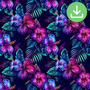 Neon Dark Hibiscus Seamless Pattern, Hawaii Glowing Bright Exotic Flower Modern Repeat Pattern, Fabric Pattern, Wallpaper, Digital Download
