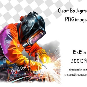May include: A welder wearing a black helmet and orange and purple work clothes welds metal. Sparks fly from the welding torch.