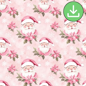 Pink Santa Seamless Pattern, Retro Christmas Repeat Pattern Tile, Watercolor, Printable, * Digital Download *