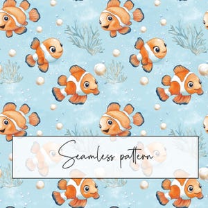 May include: Seamless pattern featuring orange and white clownfish swimming in a blue ocean with white pearls. The fish have black eyes and a happy expression. The pattern is perfect for fabric, wallpaper, or wrapping paper.