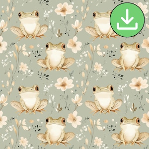 Grazioso motivo floreale senza soluzione di continuità con rane, motivo ripetuto con sfondo verde salvia, piastrelle ripetute, fiori, stampabile, download digitale