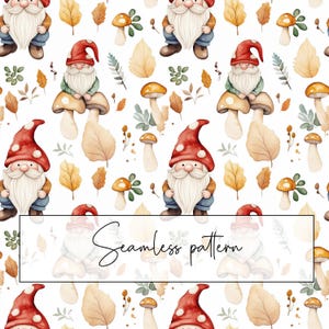 May include: Seamless pattern featuring whimsical gnomes with red hats and white beards, sitting on mushrooms. The design includes autumn leaves and mushrooms in shades of brown, orange, and green, set against a white background. The text "Seamless pattern" is displayed.