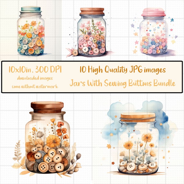 Sewing Buttons in a Jar Bundle of 10 JPG Clipart, Watercolour, Floral, Printable, Sublimation, Paper Craft, Scrapbooking, Digital Download