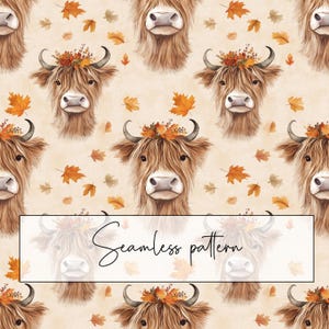 May include: A seamless pattern featuring watercolor illustrations of Highland cows adorned with autumn leaves and floral crowns. The cows have long, shaggy brown fur and curved horns. The background is a light beige with scattered orange and brown leaves. The text "Seamless pattern" is displayed.
