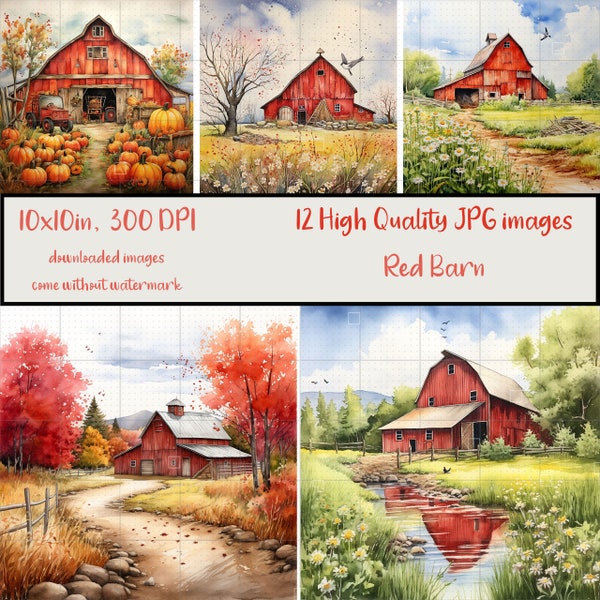 Old Red Barn Bundle of 12 JPG Clipart, Watercolor Barn, Countryside, Printable, Sublimation, Scrapbooking, Digital Download
