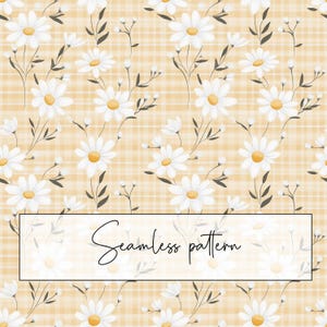 Peut inclure: Un motif sans couture avec des marguerites blanches à centres jaunes et des tiges et feuilles vert foncé. Le motif floral est posé sur un fond à carreaux jaune clair. Le texte "Seamless pattern" est affiché dans un rectangle blanc.