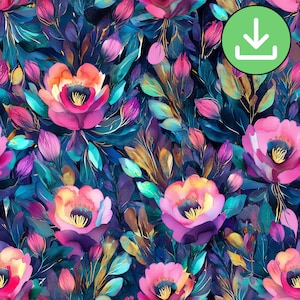 Rich Teal Pink Floral Seamless Pattern, Fuchsia Floral Repeat Pattern Tile, Dark Bright Colorful Flowers, Digital Paper, Digital Download