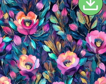Rich Teal Pink Floral Seamless Pattern, Fuchsia Floral Repeat Pattern Tile, Dark Bright Colorful Flowers, Digital Paper, Digital Download