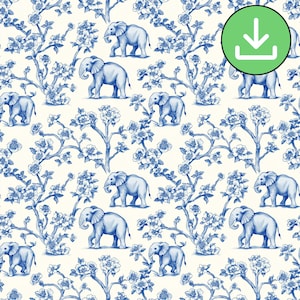 Elephant Family Blue Chinoiserie Floral Seamless Pattern, Repeat Pattern Tile, Printable Card, Wallpaper, Sublimation, Digital Download
