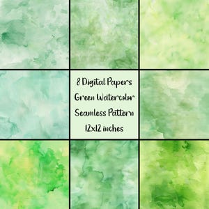 Green Watercolor Digital Paper Bundle, Repeat Pattern, Seamless Background Texture, Junk Journal Scrapbooking, Paper Pack, Digital Download