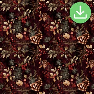 Dark Burgundy Pinecone Seamless Pattern, Winter Red Berries Pine Repeat Tile, Digital Download