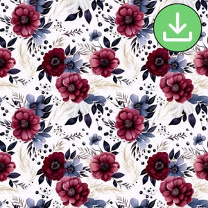 Navy & Burgundy Floral Seamless Pattern, Winter Flowers Repeat Tile (Digital Download)