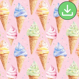 Watercolor Ice Cream Cone Pink Seamless Pattern, Colorful Rainbow Ice-Cream Repeat Pattern, Tile, Card, Digital Paper, Digital Download