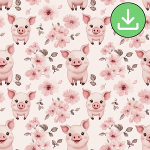 Maialino con motivo senza cuciture di fiori rosa, grazioso motivo floreale di maialino rosa ripetuto, animale da fattoria, stampabile, sublimazione, download digitale