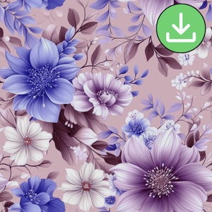 Blue And Dusty Purple Floral Seamless Pattern, Dusty Muted Color Flowers Repeat Pattern Tile, Printable Card, Paper, Digital Download