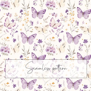 Patrón sin costuras de mariposas lilas, patrón repetido de mariposa floral primaveral de color violeta claro, tarjeta imprimible, sublimación, descarga digital