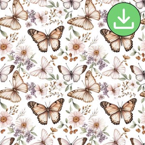 Naadloze vlinderpatroon neutraal, Boho bloemenvlinder herhaalpatroon tegel, bruin beige, tuinbloemen, afdrukbaar, digitale download