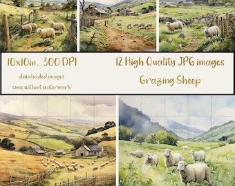Grazing Sheep Bundle of 12 JPG Images, Watercolour, Countryside, Field, Country Sheep Farm Scene, Journaling, Scrapbooking, Digital Download