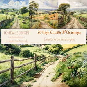 Pacote Country Lane com 20 imagens JPG, aquarela, estrada rural, cena country, registro no diário, álbum de recortes, download digital