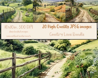 Country Lane Bundle of 20 JPG Images, Watercolour, Countryside Road, Country Scene, Journaling, Scrapbooking, Digital Download