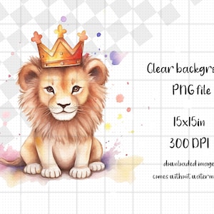 Akwarela Baby Lion King PNG, Uroczy Lew Z Koroną Clipart, Do Wydrukowania, Sublimacja, Pobieranie Cyfrowe