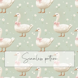 Puede incluir: Patrón sin costuras con gansos blancos con lazos rosas sobre un fondo verde claro con pequeñas flores blancas. El texto "Seamless pattern" se muestra en un marco rectangular.