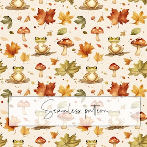 Frosch Herbst Blätter Pilze Musterdesign, Herbst Frosch Beige Rapportmuster, Stoffmuster, Tapetendesign, Papier, digitaler Download