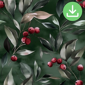 May include: A seamless pattern featuring dark green foliage and clusters of bright red berries set against a deep forest green background. The illustration displays elongated leaves in shades of muted green and grey with a smooth finish.