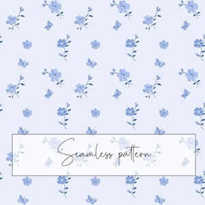 Peut inclure: Un motif sans couture avec des fleurs et des papillons bleu clair sur un fond bleu pâle. Le texte "Seamless pattern" est affiché dans un cadre rectangulaire en bas de l'image.