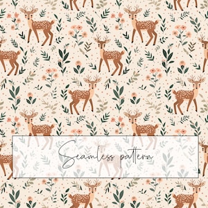 Ditsy Floral Deer Beige Patrón sin costuras, Patrón de repetición de ciervos del bosque, Patrón de tela, Imprimible, Tarjeta, Sublimación, Descarga digital