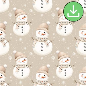 Beige Snowman Seamless Pattern, Watercolor Neutral Christmas Repeat Tile, Boho, Printable, Digital Download