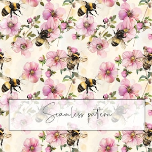 Op de afbeelding: Een naadloos patroon met aquarel illustraties van roze bloemen en hommels op een crème achtergrond. Het patroon is perfect voor stoffen, behang of andere ontwerp projecten.