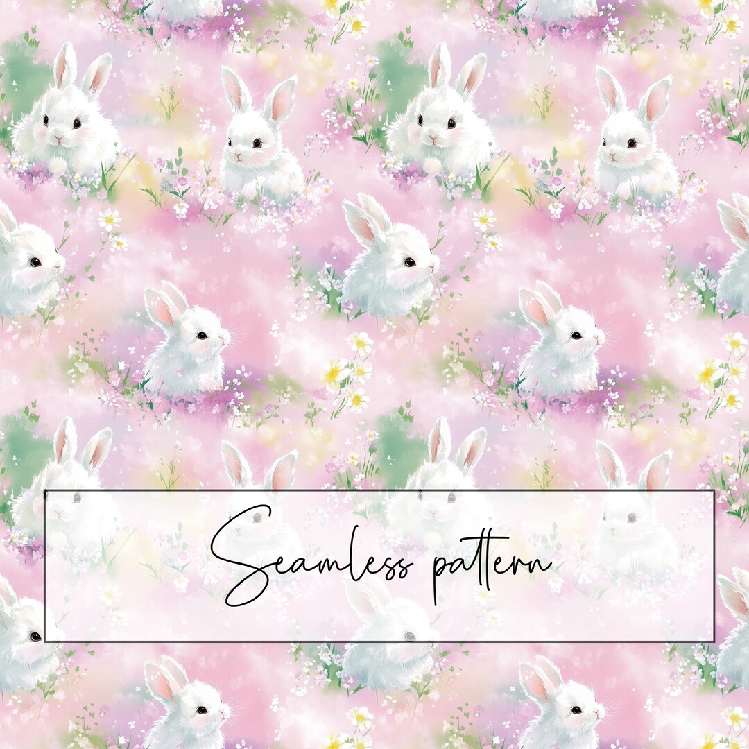 White Bunny Seamless Pattern, Baby Pink Watercolor Background Fluffy ...