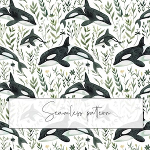 Cute Watercolor Orca Seamless Pattern, Repeat Pattern Tile, Background, Killer Whale, Printable, Digital Download