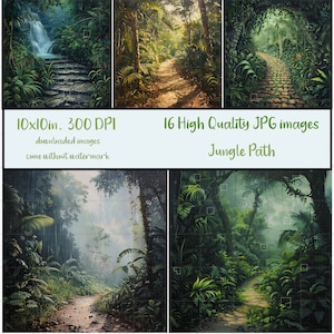 Puede incluir: Una pintura digital de un sendero de selva con exuberante vegetación verde y un camino de piedra que serpentea a través de los árboles. La luz del sol se filtra a través de la copa de los árboles, creando una sensación de misterio y aventura.