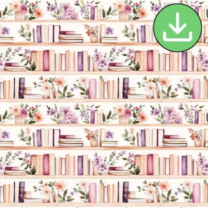 Floral Bookcase Seamless Pattern, Bookshelves Peachy Purple Flowers Repeat Pattern Tile, Botanical, Printable Card, Paper, Digital Download