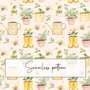 Könnte beinhalten: Ein nahtloses Muster mit Aquarell-Illustrationen von Fröschen, Bienen, Topfpflanzen, Gießkannen und gelben Gummistiefeln. Der Hintergrund ist hellbeige.