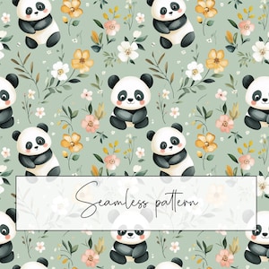Modèle sans couture de panda mignon, adorable panda kawaii avec des fleurs sur fond vert, carreau de répétition, carte imprimable sur papier numérique, téléchargement numérique