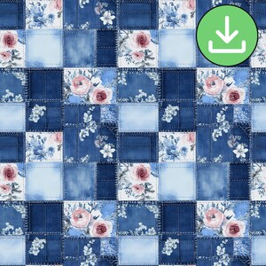 Wzór patchworku z denimu bez szwu, powtarzający się wzór patchworku z niebieskimi dżinsami w kwiaty, styl shabby chic, dziennik śmieci, papier cyfrowy, pobieranie cyfrowe