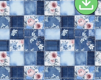 Denim Patchwork Seamless Pattern, Floral Blue Jeans Patchwork Repeat Tile, Shabby Chic, Junk Journal, Digital Paper, Digital Download