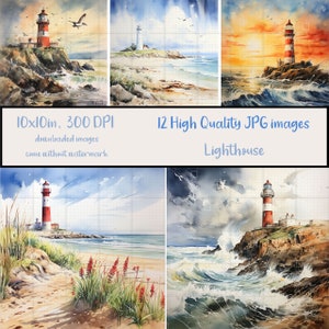May include: A set of 12 digital watercolour paintings of a red and white lighthouse on a rocky coast. The lighthouse is surrounded by crashing waves and a blue sky with clouds. The images are 25.4cm by 25.4cm and 300 DPI.