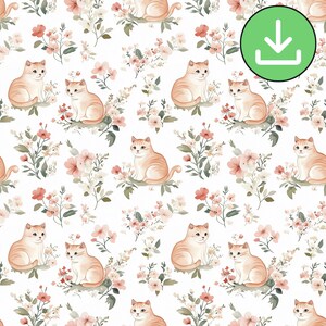 Floral Orange Cat Seamless Pattern, Watercolor Kitten Repeat Tile (Digital Download)