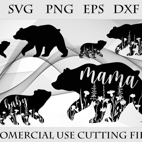 Floral Mama Bear and Baby Bear SVG png eps dxf Clipart Silhouette Vector Cricut Digital File