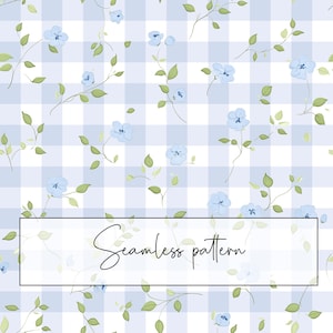 Pode incluir: Um padrão sem costura com delicadas flores azuis com folhas verdes sobre um fundo xadrez azul claro e branco. O texto "Seamless pattern" é exibido em um retângulo branco na parte inferior da imagem.