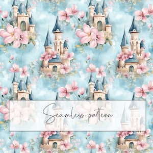 Blue And Pink Castle Seamless Pattern, Flowers Floral Fairytale Princess Castle Repeat Pattern, Watercolor, Digital Paper, Digital Download