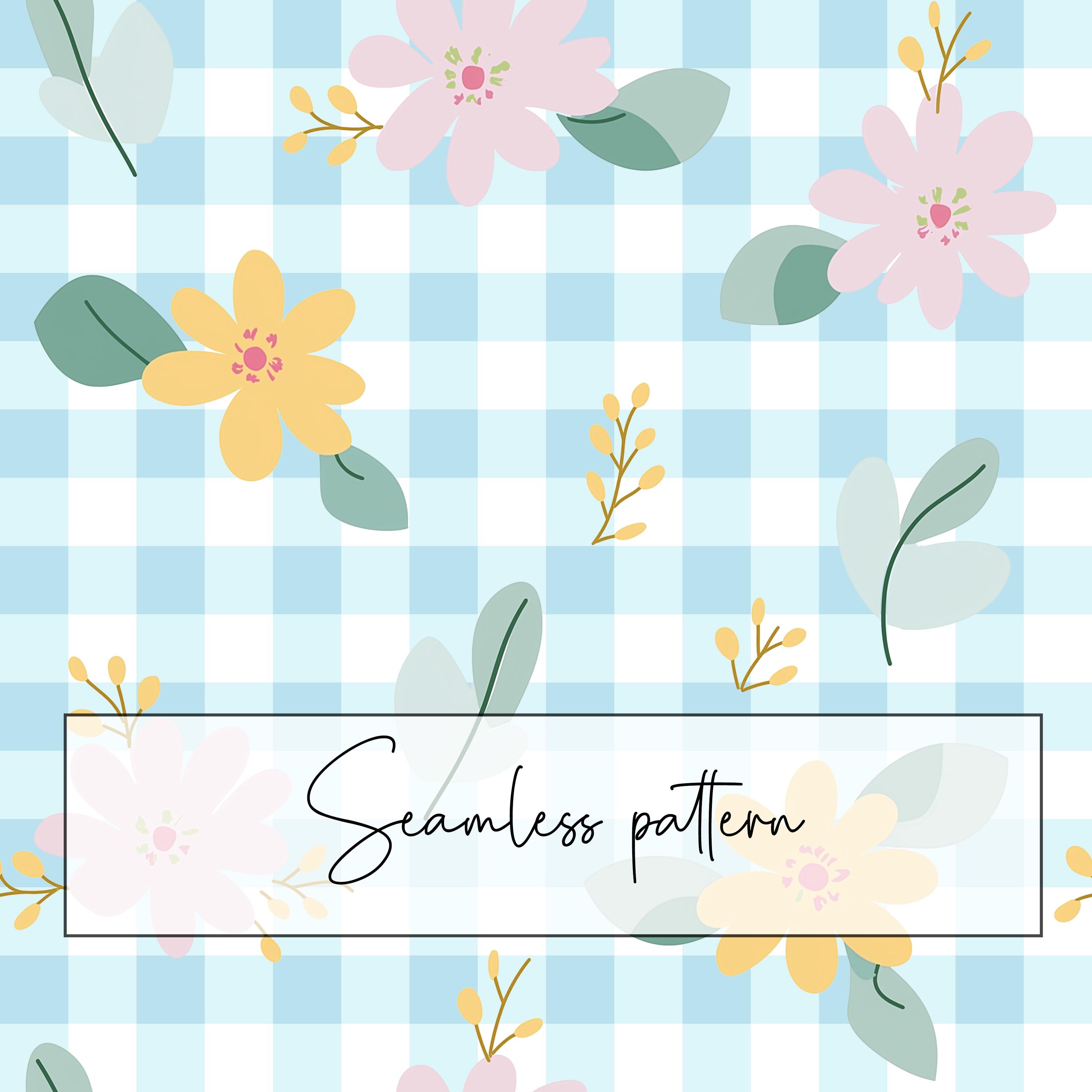 Blue Gingham Floral Seamless Pattern, Pastel Colors (digital Download ...