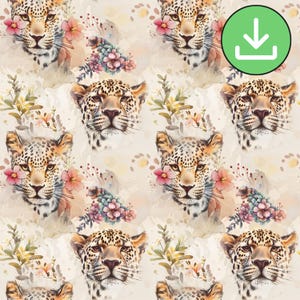 Motif floral sans couture de tête d'animal léopard, aquarelle, beige, motif répété, carrelage, papier numérique, imprimable, téléchargement numérique