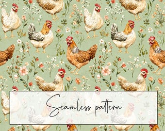 Multicolor Hens Seamless Pattern, Farm Chicken Floral Hen Repeat Pattern, Green Background, Printable Card, Digital Paper, Digital Download